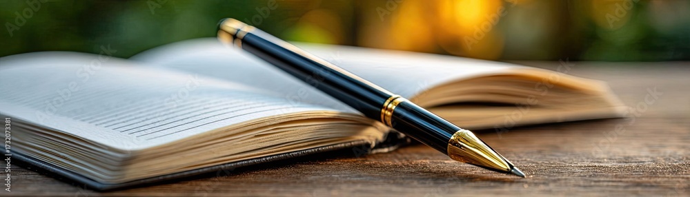 Fototapeta premium Close-up of documents with pen on table concept. Elegant pen resting on an open notebook in serene natural setting.