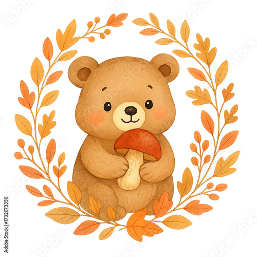 Cute Watercolor Autumn Bear with Mushroom – Cozy Fall Animal Illustration with Leaves and Forest Vibes