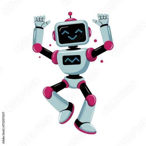 joyful robot dancer with pink highlights, raised arms, energetic steps, ai mascot, optimistic tech character, clean vector design
