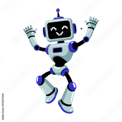 dancing robot celebration, lively movement pose, festive energy, antenna head, happy digital companion, playful futuristic character, vector illustration
