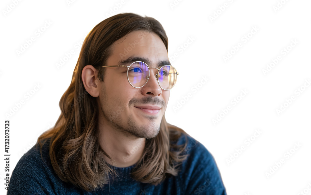 Fototapeta premium A high-quality professional headshot of a young man with long brown hair and a gentle smile, captured in a warm, bokeh-lit background. isolated on a transparent background 
