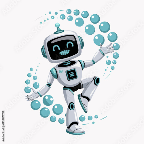 Happy service robot, bubbly circles framing movement, tilted head smile, friendly ai assistant, clean minimal design, vector artwork