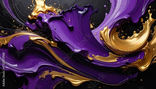 Swirling gold and purple paint splashes on dark background