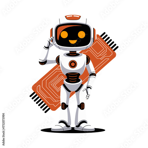 Engineer robot with microchip panel, technical worker theme, smart maintenance droid, futuristic industry mascot, bold vector artwork