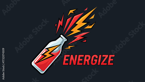 A stylized glass bottle of red liquid erupts with vibrant yellow and red lightning bolts, symbolizing energy and power, with the word "ENERGIZE" prominently displayed.