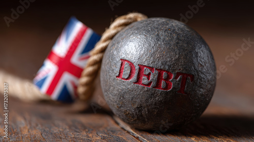 Conceptual view of UK financial crisis and national debt. An emerging problem in market showing heavy weight of public debt burden on Great Britain economy