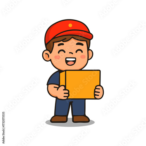 Cute Delivery Boy Holding Box. Cartoon Courier Character Illustration.