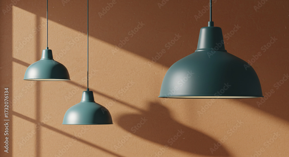 Obraz premium Sophisticated Teal Dome Pendants Illuminate an Orange Wall with Elegant Shadows