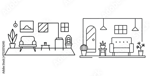 Line art sketch of an interior room showcasing clean lines simple furniture and an uncluttered layout vector art design