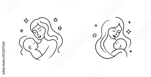 Minimalist line art illustration of a mother and son graceful lines and intimate heartfelt poses vector art design