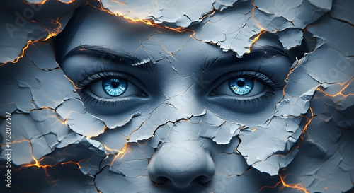 Torn chromatic paper revealing intense blue eyes — styled like a psychic vision bursting through reality, perfect for tarot card designs or mystical UI overlays.