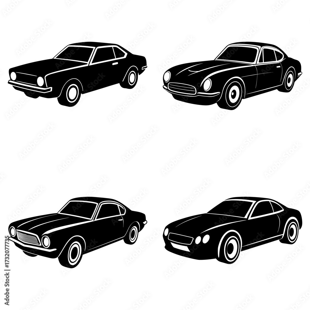 Obraz premium Four classic cars in black and white showcasing automotive design and vintage vehicle silhouettes nicely done
