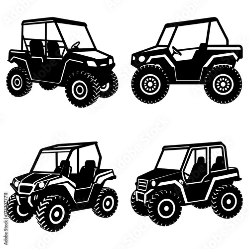 Four off road vehicles in black silhouette with large tires and roll cages displayed on a white background