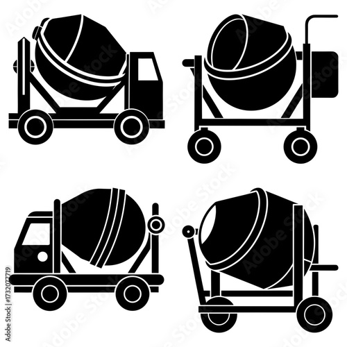 Four black and white cement mixer illustrations with different styles and wheel arrangements shown