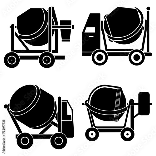 Four black and white silhouette illustrations of cement mixers in various styles and orientations shown together