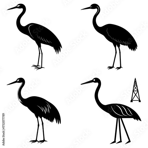 Four black heron silhouettes in various poses with an oil derrick on a white background image