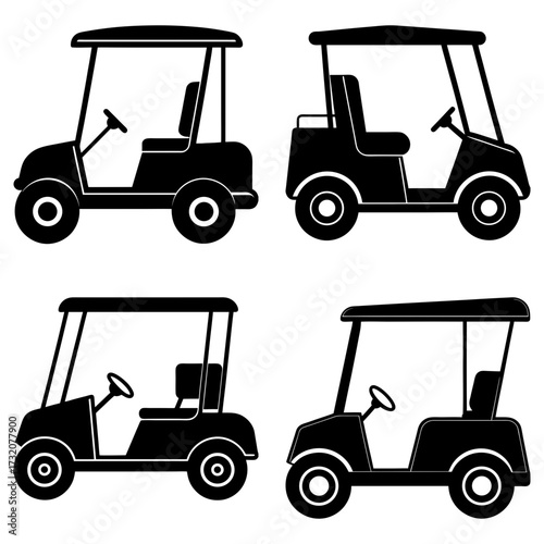 Collection of four black and white golf carts in varying designs and orientations on a white background