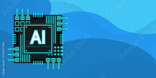 Artificial intelligence chip concept. Horizontal technological background with computer processor imitation. Technology development. Blue abstract back with waves.Hand drawn illustration in flat style
