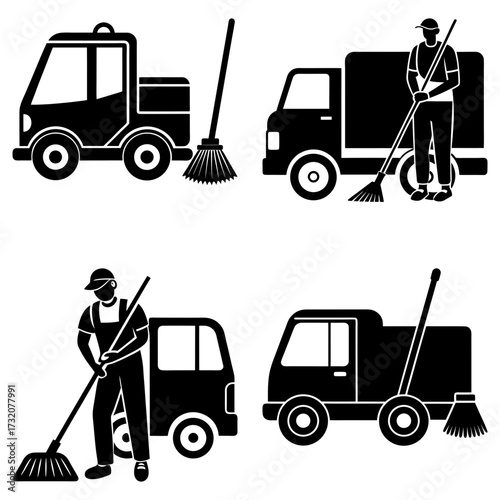 Illustration showing street sweepers and trucks in a black and white vector graphic design layout style