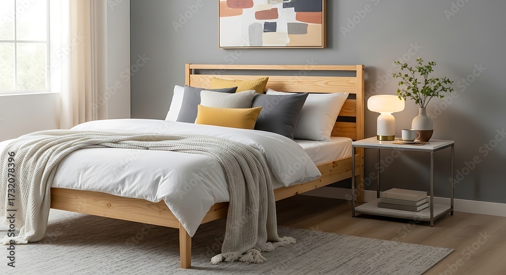 Fototapeta premium A light-filled bedroom features a light wooden bed, a simple bedside table, and neutral tones.