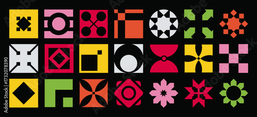 Brutalist and Bauhaus abstract vector art set: minimalist geometric shapes, simple stars, and flower graphic elements.