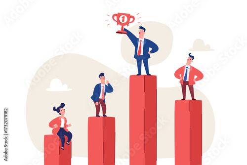 businessman holding trophy on top bar chart standing higher than competitors