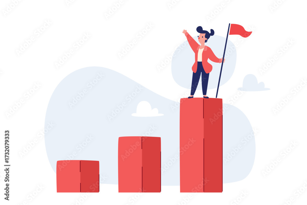 Obraz premium businesswoman with flag standing on highest rising bar chart