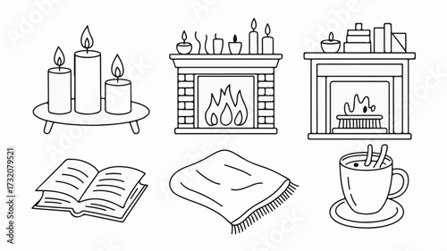 Cozy elements for a warm winter evening featuring fireplaces, candles, a book, blanket, and hot beverage, perfect for seasonal designs and comfort themes.
