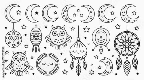 Whimsical night elements like moons, stars, owls, and dreamcatchers create a magical, serene atmosphere perfect for children's decor and creative projects