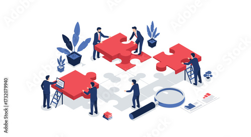 Team of people assembling a large puzzle representing business solutions and strategy.