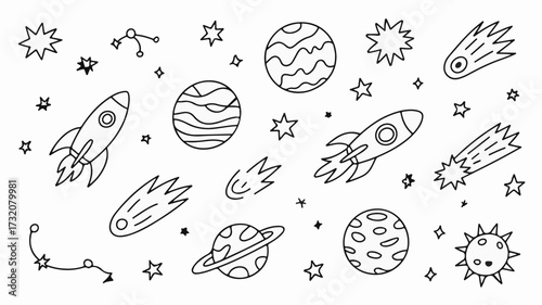 Whimsical space adventure with rockets, planets, stars, and comets creating a playful cosmic scene perfect for children's designs and educational materials.