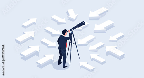 A person with a telescope surrounded by many arrows pointing inwards.