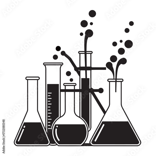 black and white silhouette of a group of chemistry glassware vector on a white background
