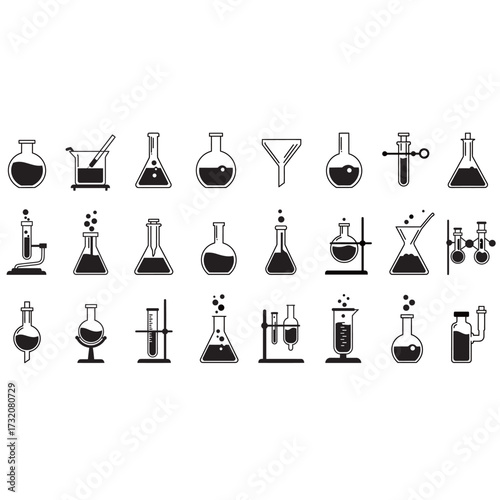 black and white silhouette of a group of chemistry glassware vector on a white background
