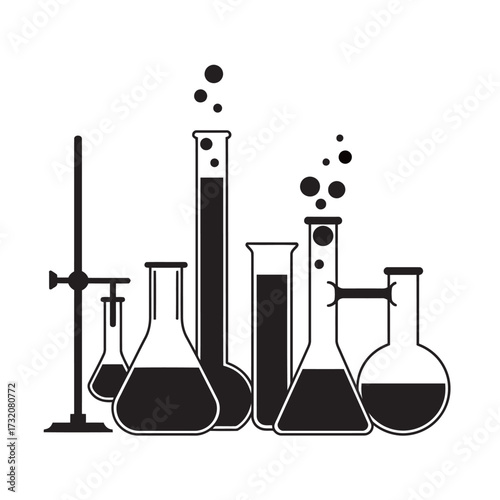 black and white silhouette of a group of chemistry glassware vector on a white background