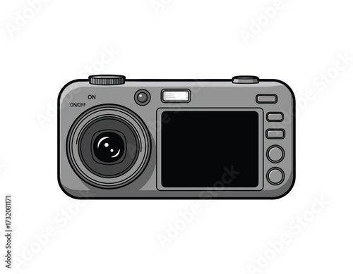 Retro digital camera illustration, a vintage point-and-shoot camera with a lens and LCD screen, perfect for graphic design projects