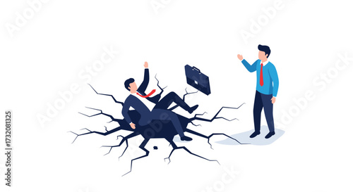 A businessman falls into a cracked ground while a colleague watches.