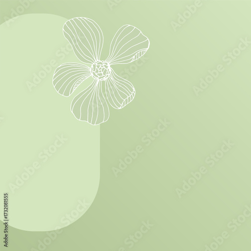 Green square background with doodle flower and space for text. Trendy backdrop design for social media, print, newsletters. Natural and eco-friendly background for cosmetics, spa, and health themes.