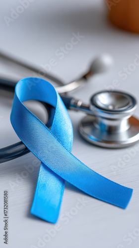 Symbolic light blue ribbon for prostate cancer awareness with medical stethoscope background. serious concept for men health medicine and healthcare support and hope