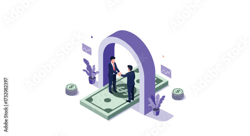 Two businessmen shaking hands over a pile of cash under a purple archway representing a financial deal.