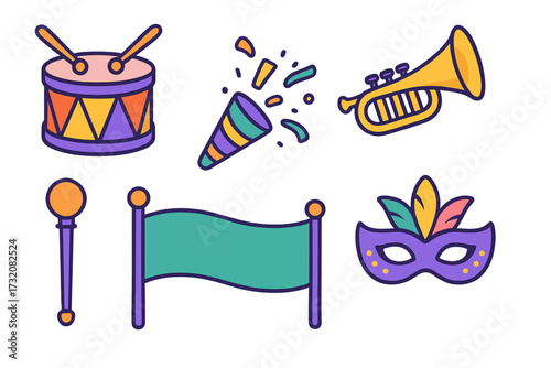 Vibrant carnival parade musical instruments and festive accessories including drum trumpet mask confetti popper flag