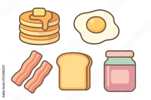 Classic breakfast meal elements featuring golden pancakes, sunny-side up egg, crispy bacon, and toast with jam