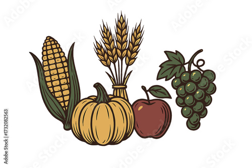 Seasonal autumn harvest bounty featuring corn, wheat, pumpkin, apple, and grapes on a clean white background