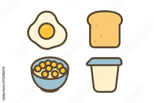 Assortment of classic breakfast food icons featuring a sunny side up egg, sliced bread, cereal bowl, and yogurt container