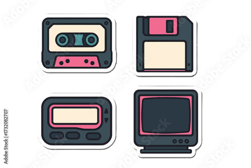 Vintage electronic devices collection featuring an audio cassette, floppy disk, pager, and old computer monitor