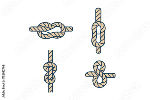 Assortment of strong rope knots and ties for sailing, climbing, camping, and securing various objects