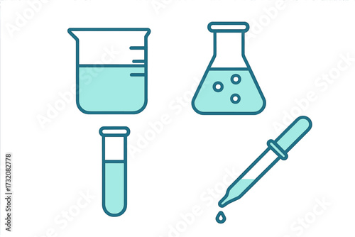 Scientific laboratory equipment set with beaker, flask, test tube, and dropper for chemistry experiments and research