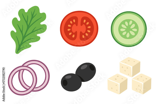 Assortment of fresh healthy salad ingredients including crisp lettuce, sliced tomato, cucumber, red onion rings, black olives, and cubed feta cheese