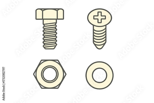 Essential construction and repair hardware items including a bolt, screw, nut, and washer for various building projects and applications