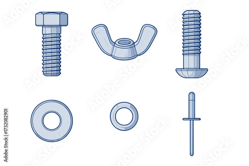 Collection of essential hardware components featuring various bolts nuts washers and a rivet for assembly and construction